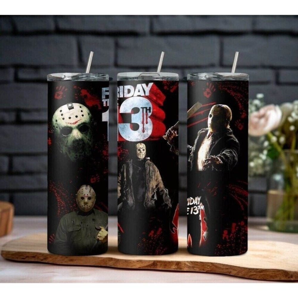 Jason Friday the 13th Horror Movie Design 20oz Skinny Tumblers Double Insulated - Picture 1 of 2